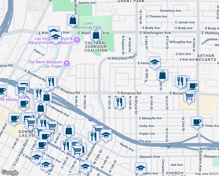 map of restaurants, bars, coffee shops, grocery stores, and more near 600 North 12th Street in Las Vegas