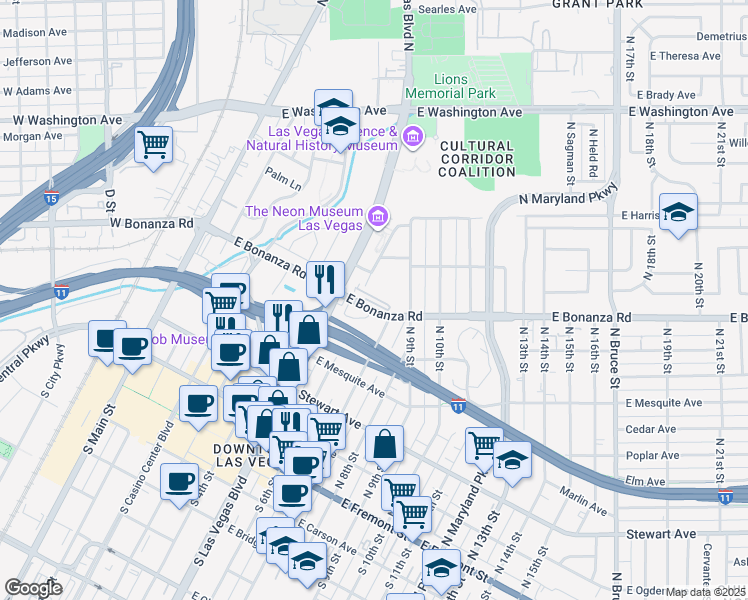 map of restaurants, bars, coffee shops, grocery stores, and more near 650 East Bonanza Road in Las Vegas