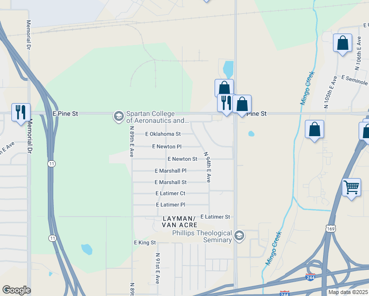 map of restaurants, bars, coffee shops, grocery stores, and more near 9153 East Newton Street in Tulsa