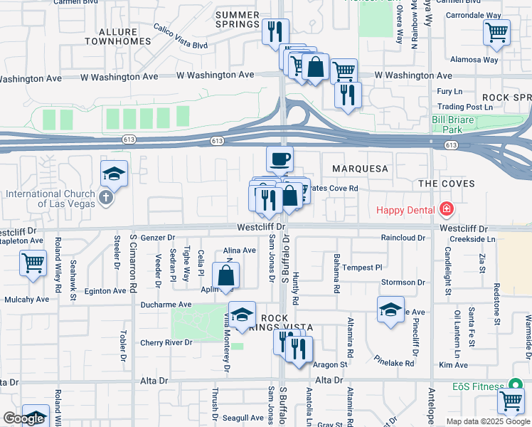 map of restaurants, bars, coffee shops, grocery stores, and more near 7612 Genzer Drive in Las Vegas