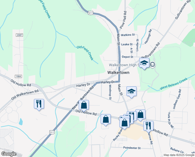 map of restaurants, bars, coffee shops, grocery stores, and more near 5063 Salem Road in Walkertown
