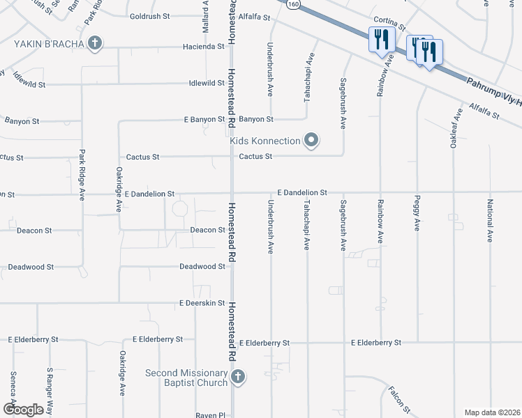 map of restaurants, bars, coffee shops, grocery stores, and more near 3050 Underbrush Avenue in Pahrump