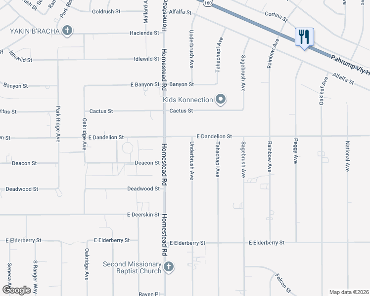 map of restaurants, bars, coffee shops, grocery stores, and more near 3050 Underbrush Avenue in Pahrump