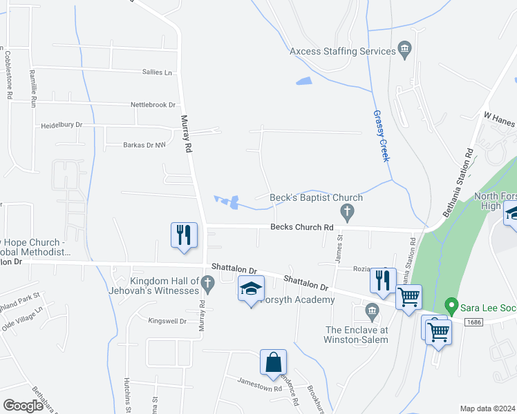 map of restaurants, bars, coffee shops, grocery stores, and more near 5404 Choyce Court in Winston-Salem
