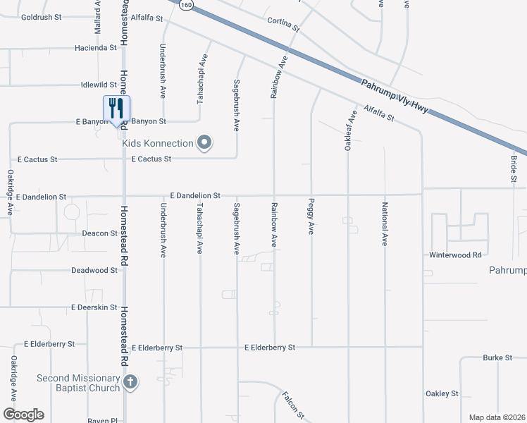 map of restaurants, bars, coffee shops, grocery stores, and more near 3050 Rainbow Avenue in Pahrump