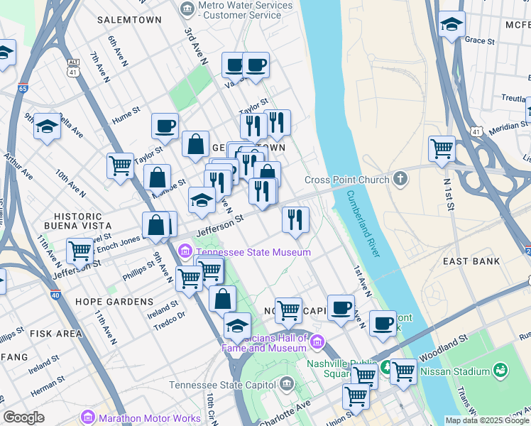 map of restaurants, bars, coffee shops, grocery stores, and more near 311 Jefferson Street in Nashville