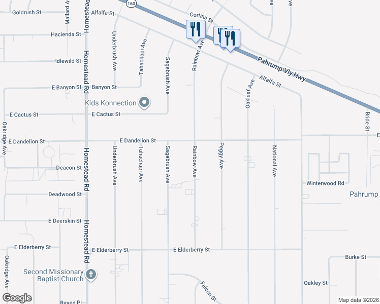 map of restaurants, bars, coffee shops, grocery stores, and more near 3050 Rainbow Avenue in Pahrump