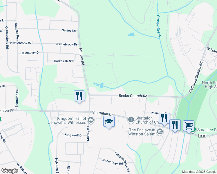 map of restaurants, bars, coffee shops, grocery stores, and more near 5402 Choyce Court in Winston-Salem