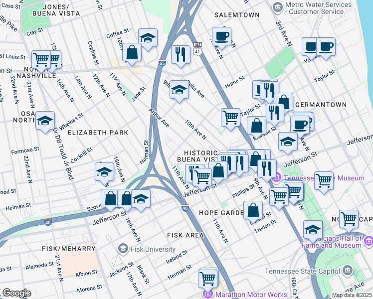 map of restaurants, bars, coffee shops, grocery stores, and more near in Nashville