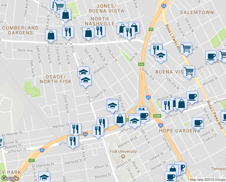 map of restaurants, bars, coffee shops, grocery stores, and more near 1613 Underwood Street in Nashville