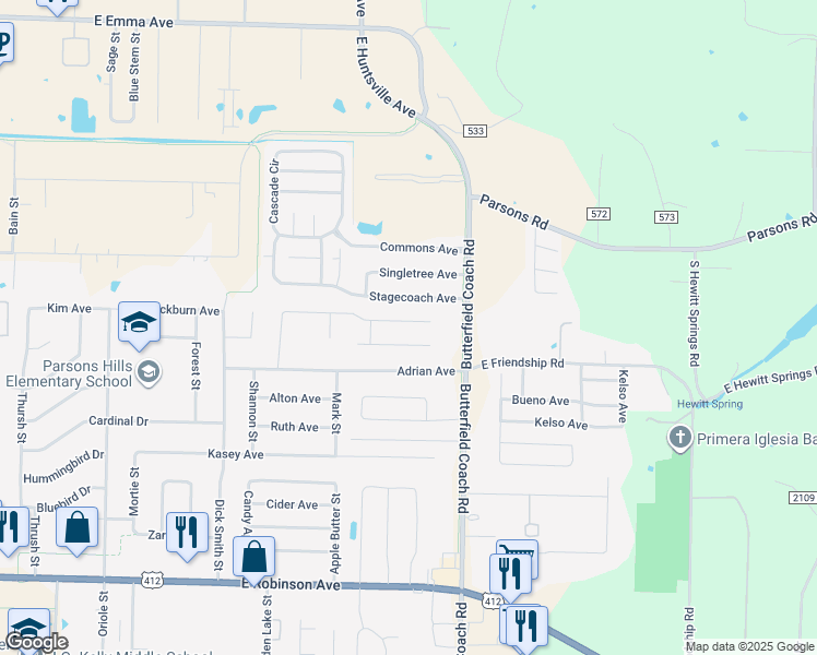 map of restaurants, bars, coffee shops, grocery stores, and more near 3091 Jerri Lane in Springdale