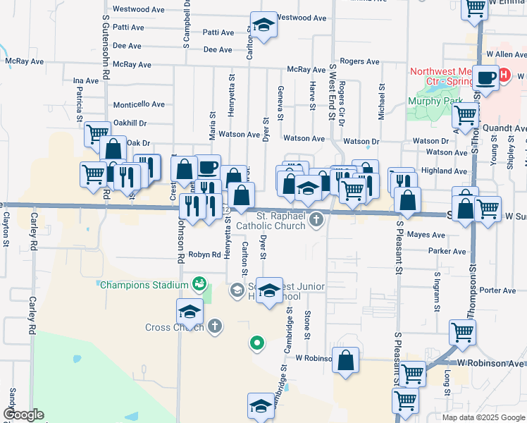 map of restaurants, bars, coffee shops, grocery stores, and more near 1206 Dyer Street in Springdale