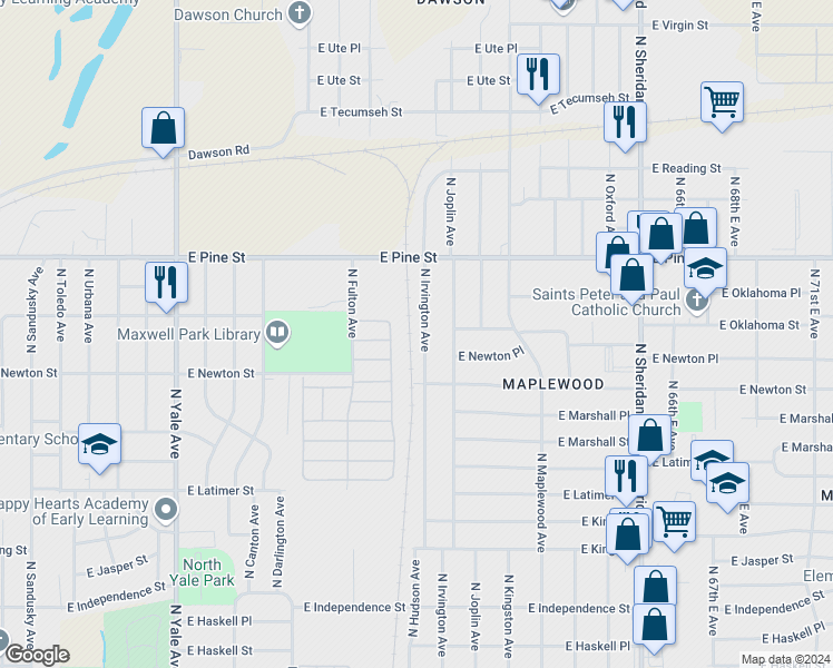 map of restaurants, bars, coffee shops, grocery stores, and more near 1310 North Irvington Avenue in Tulsa
