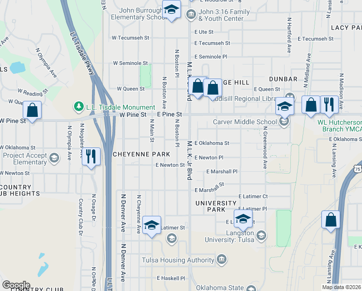 map of restaurants, bars, coffee shops, grocery stores, and more near 1332 North Cincinnati Avenue in Tulsa