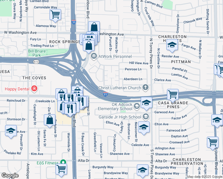 map of restaurants, bars, coffee shops, grocery stores, and more near 6651 Bubbling Brook Drive in Las Vegas