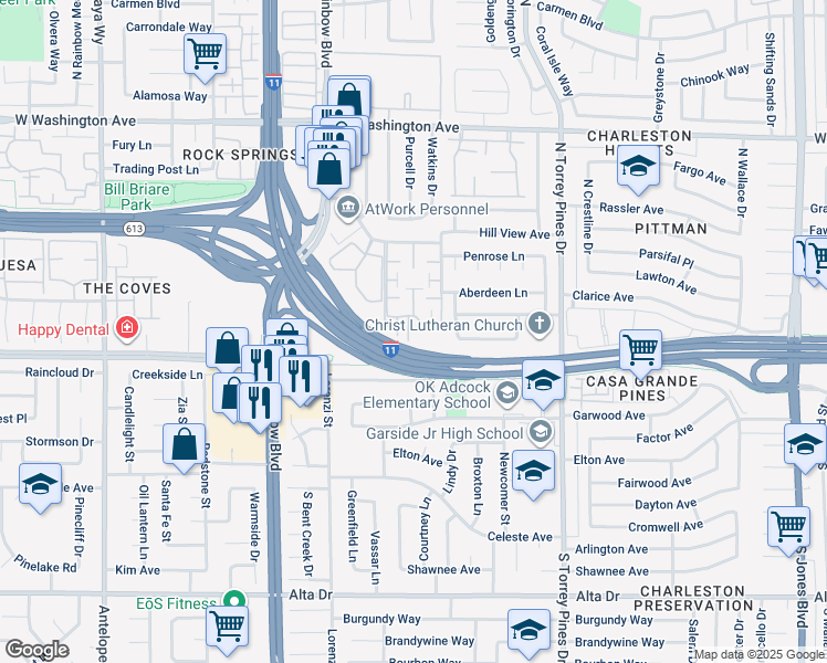 map of restaurants, bars, coffee shops, grocery stores, and more near 6651 Bubbling Brook Drive in Las Vegas