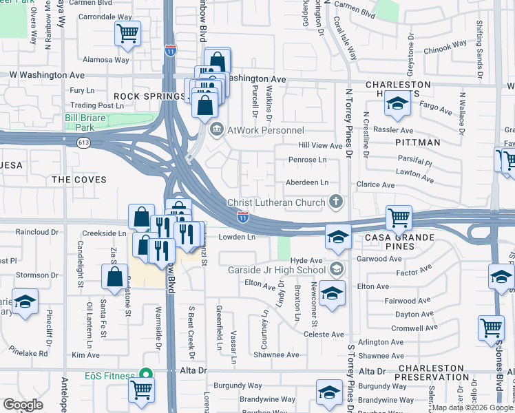 map of restaurants, bars, coffee shops, grocery stores, and more near 6651 Bubbling Brook Drive in Las Vegas