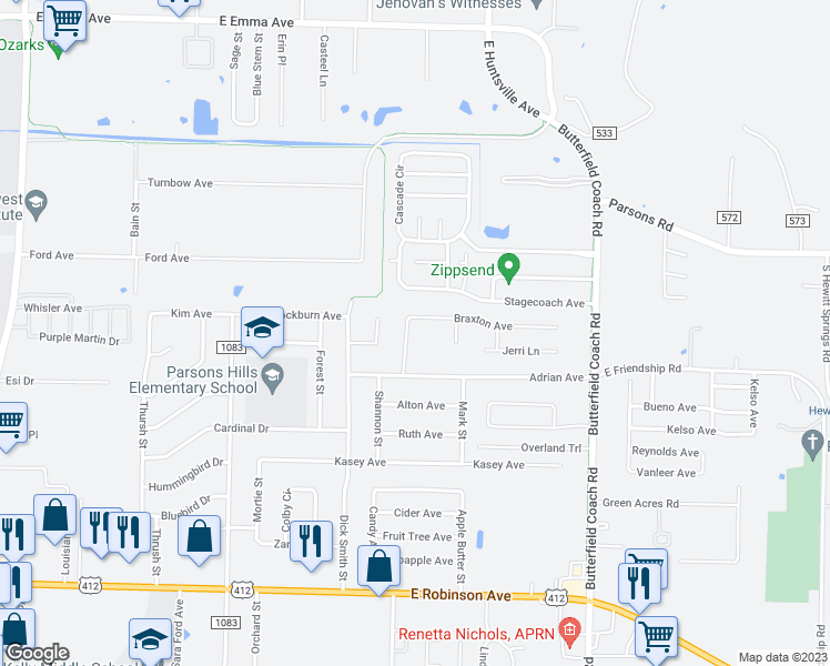 map of restaurants, bars, coffee shops, grocery stores, and more near 1155 Wilson Street in Springdale