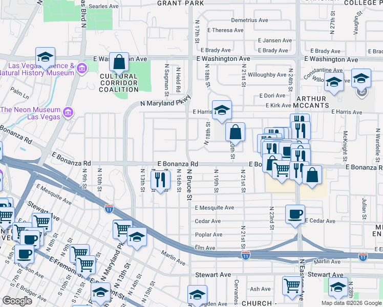 map of restaurants, bars, coffee shops, grocery stores, and more near 1804 East Bonanza Road in Las Vegas