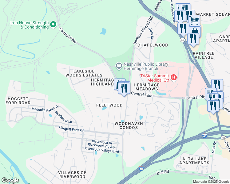 map of restaurants, bars, coffee shops, grocery stores, and more near 3778 Central Pike in Nashville