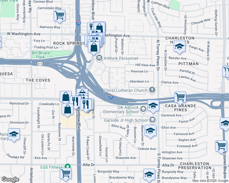 map of restaurants, bars, coffee shops, grocery stores, and more near 200 Brookside Lane in Las Vegas