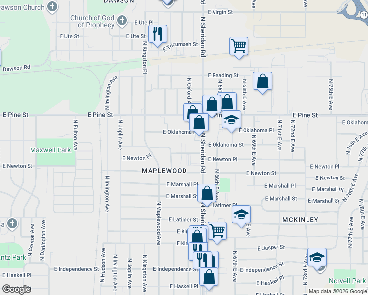 map of restaurants, bars, coffee shops, grocery stores, and more near 1418 North Sheridan Road in Tulsa
