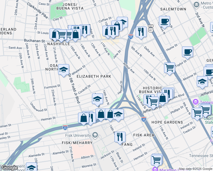 map of restaurants, bars, coffee shops, grocery stores, and more near 1523A 14th Avenue in Nashville