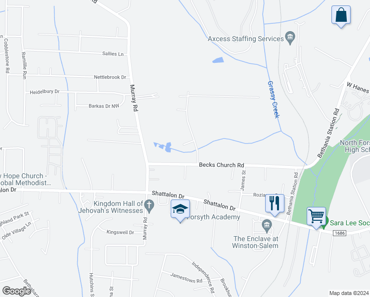 map of restaurants, bars, coffee shops, grocery stores, and more near 5404 Choyce Court in Winston-Salem