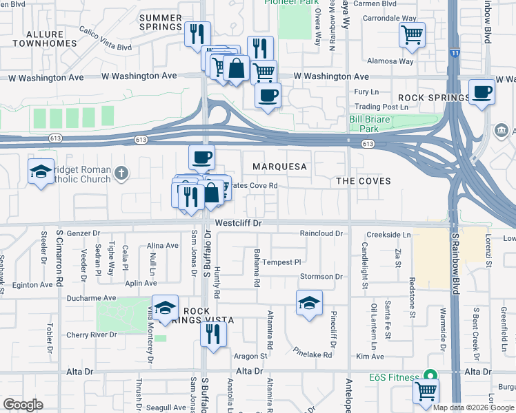 map of restaurants, bars, coffee shops, grocery stores, and more near 101 Luna Way in Las Vegas