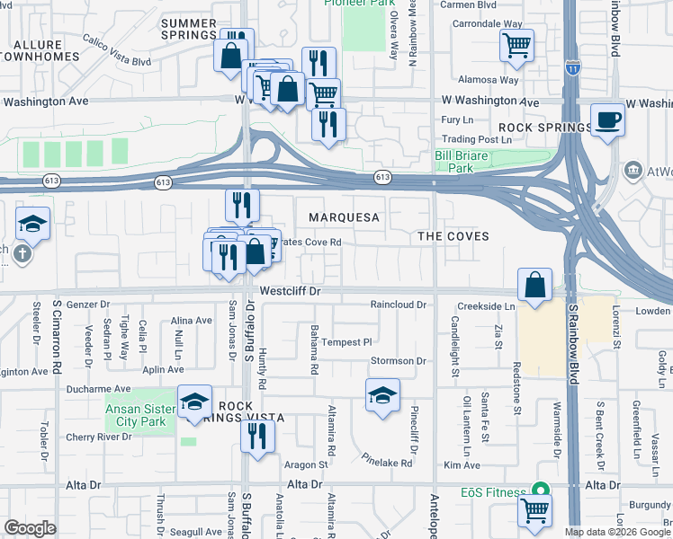 map of restaurants, bars, coffee shops, grocery stores, and more near 101 Luna Way in Las Vegas