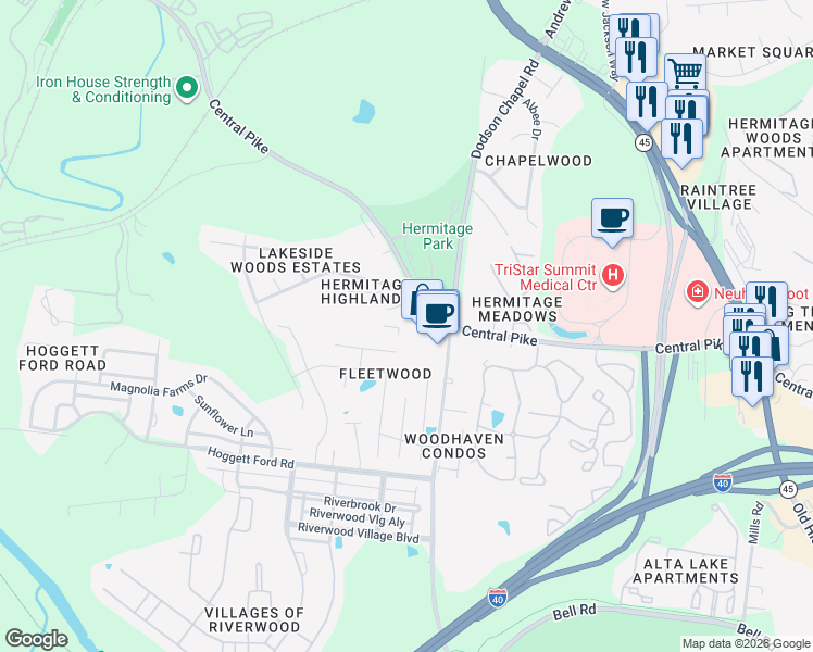 map of restaurants, bars, coffee shops, grocery stores, and more near 3778 Central Pike in Nashville
