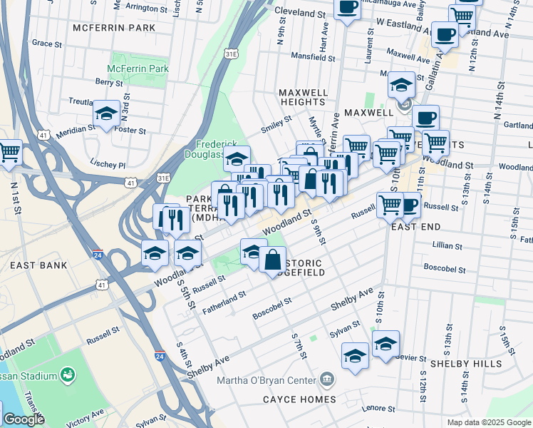 map of restaurants, bars, coffee shops, grocery stores, and more near 715 Main Street in Nashville