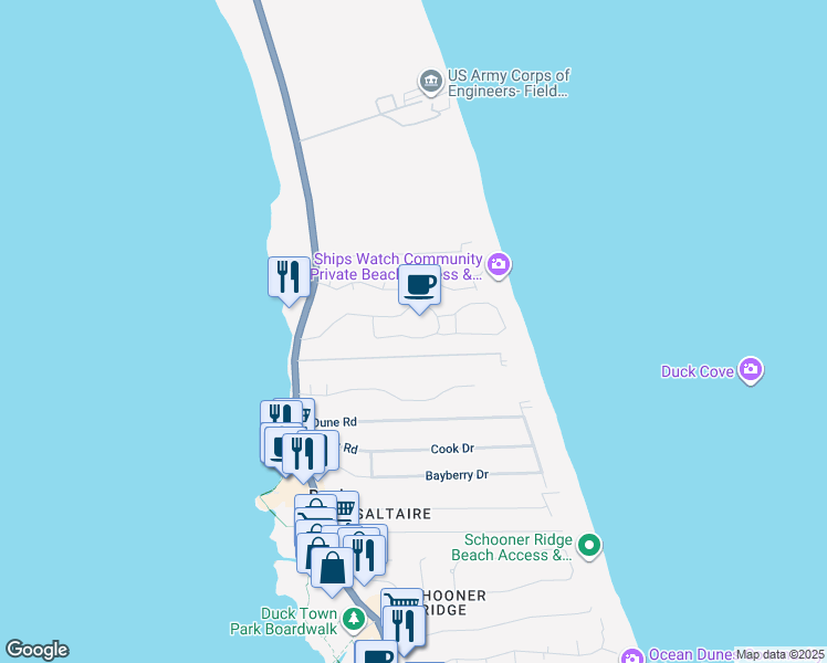 map of restaurants, bars, coffee shops, grocery stores, and more near 1245 Duck Road in Duck