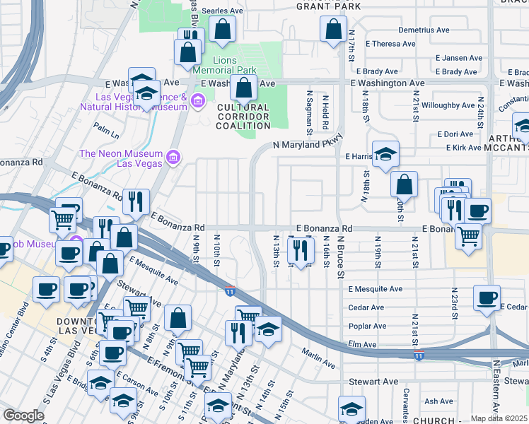 map of restaurants, bars, coffee shops, grocery stores, and more near 628 North 12th Street in Las Vegas