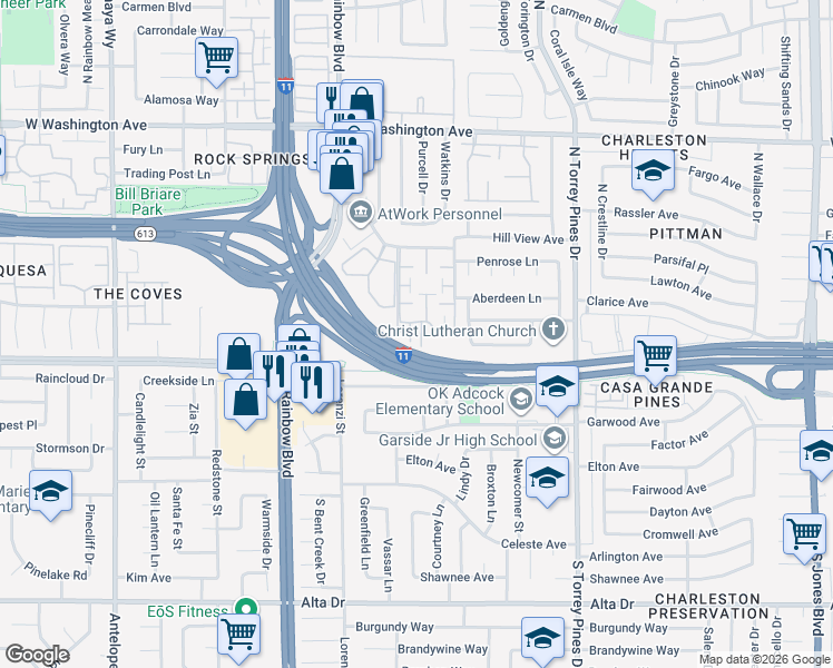 map of restaurants, bars, coffee shops, grocery stores, and more near 200 Brookside Lane in Las Vegas
