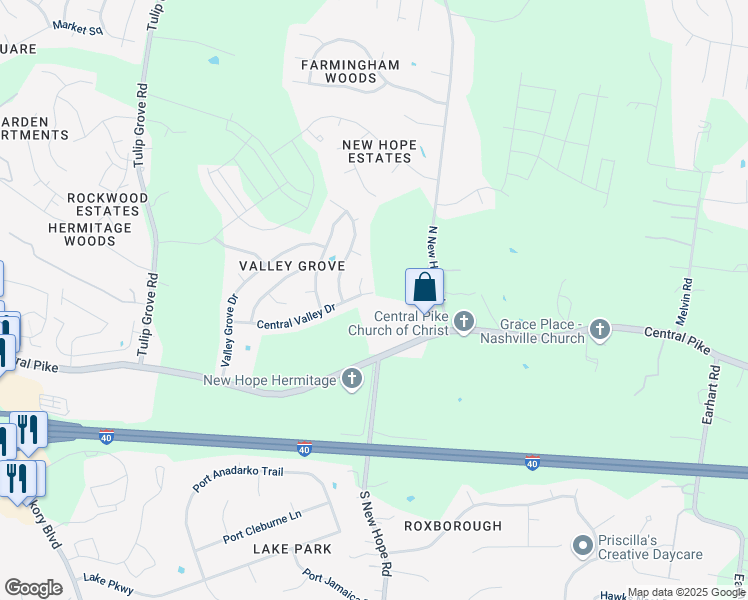 map of restaurants, bars, coffee shops, grocery stores, and more near 6128 North New Hope Road in Nashville