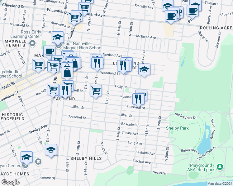 map of restaurants, bars, coffee shops, grocery stores, and more near 1506 Holly Street in Nashville