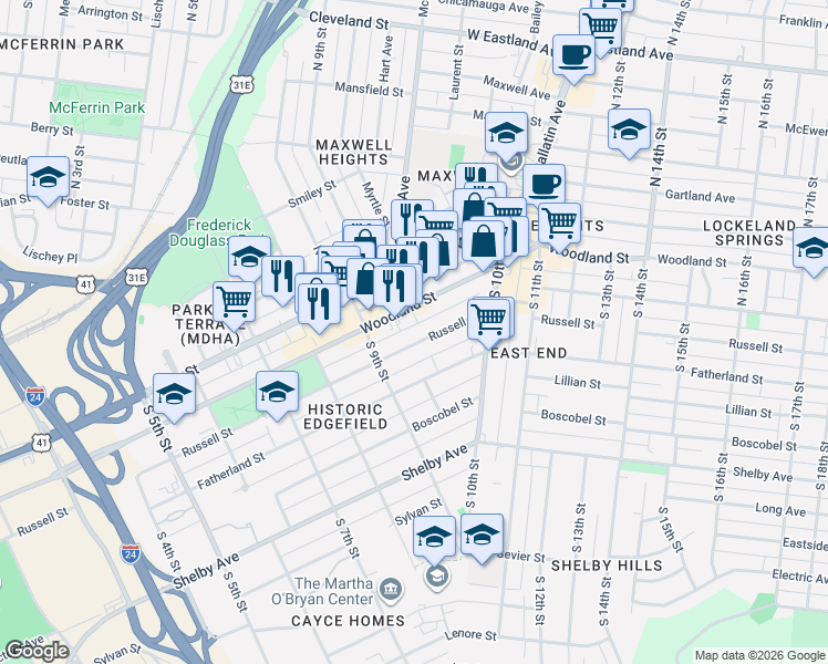 map of restaurants, bars, coffee shops, grocery stores, and more near 917 Woodland Street in Nashville