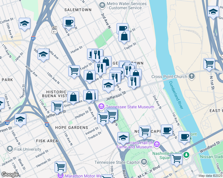 map of restaurants, bars, coffee shops, grocery stores, and more near 1205B 5th Avenue North in Nashville