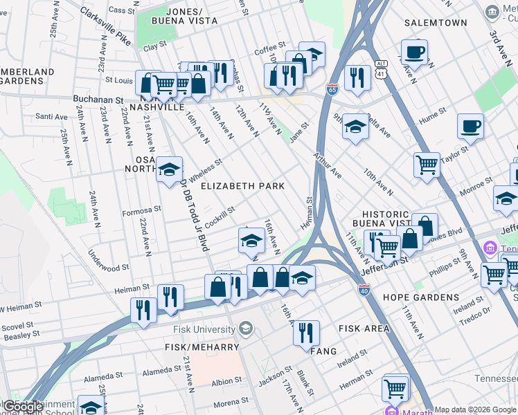 map of restaurants, bars, coffee shops, grocery stores, and more near in Nashville