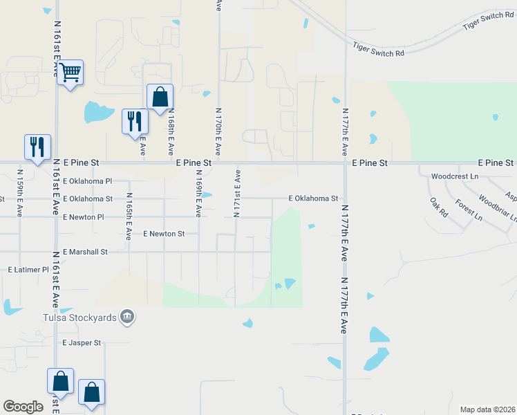 map of restaurants, bars, coffee shops, grocery stores, and more near 17261 East Oklahoma Street in Tulsa