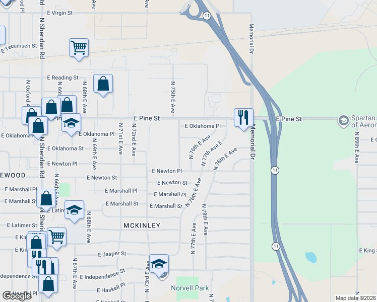 map of restaurants, bars, coffee shops, grocery stores, and more near 7520 East Oklahoma Street in Tulsa