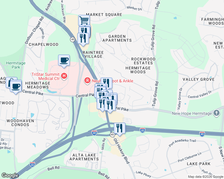 map of restaurants, bars, coffee shops, grocery stores, and more near 245 Burning Tree Drive in Nashville