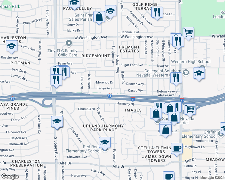 map of restaurants, bars, coffee shops, grocery stores, and more near 117 Chason Street in Las Vegas