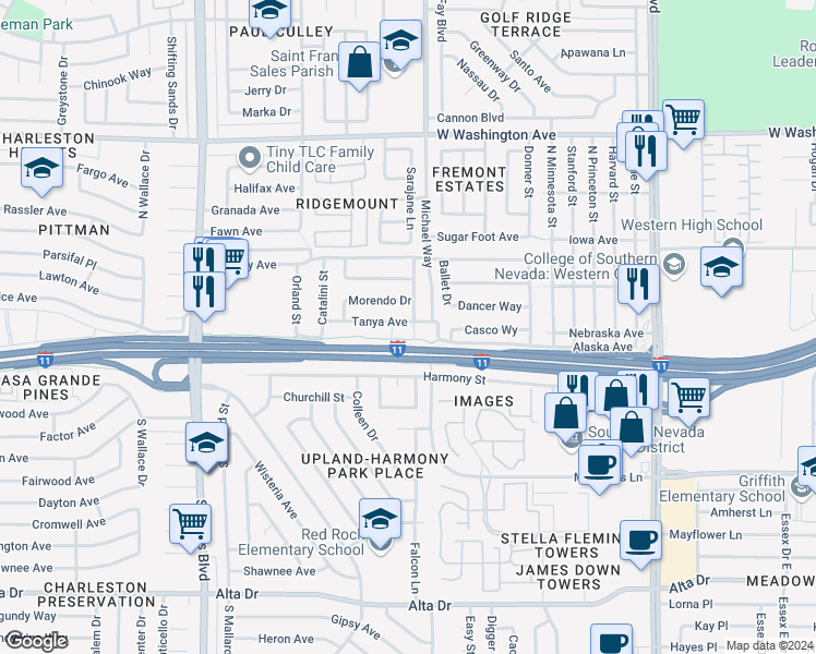 map of restaurants, bars, coffee shops, grocery stores, and more near 117 Chason Street in Las Vegas