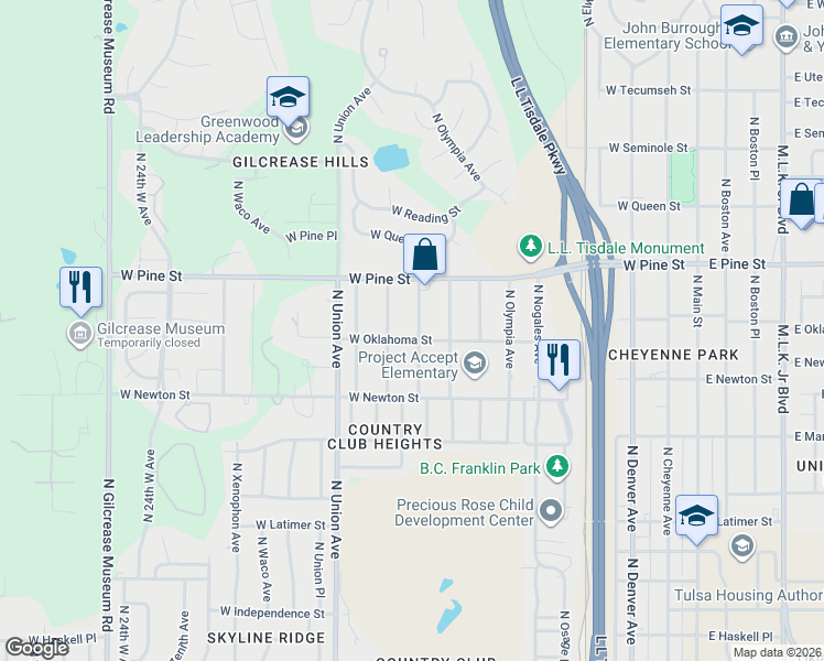 map of restaurants, bars, coffee shops, grocery stores, and more near 1427 North Rosedale Avenue in Tulsa