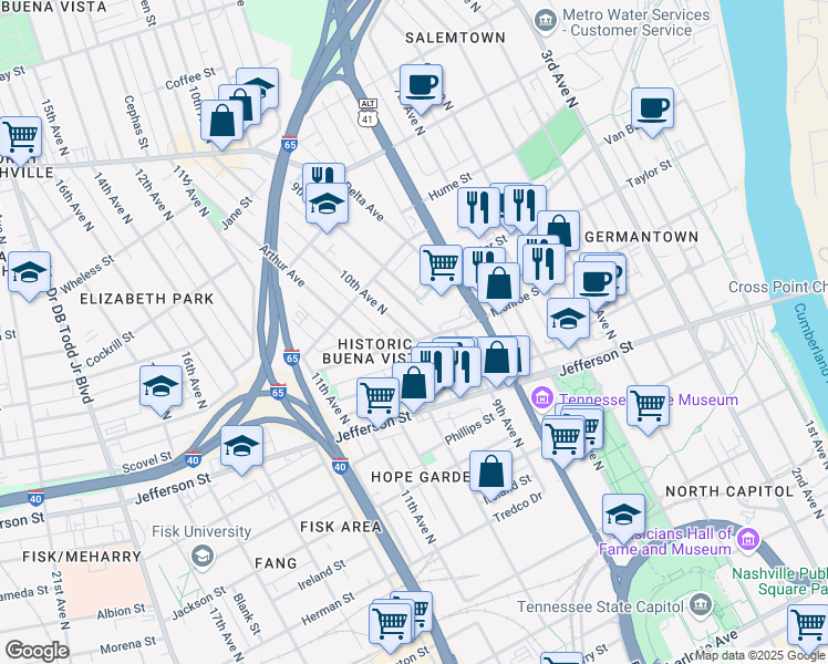 map of restaurants, bars, coffee shops, grocery stores, and more near 908 Monroe Street in Nashville