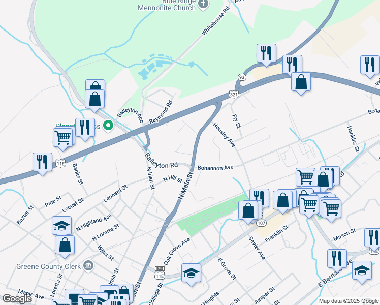map of restaurants, bars, coffee shops, grocery stores, and more near 709 North Main Street in Greeneville