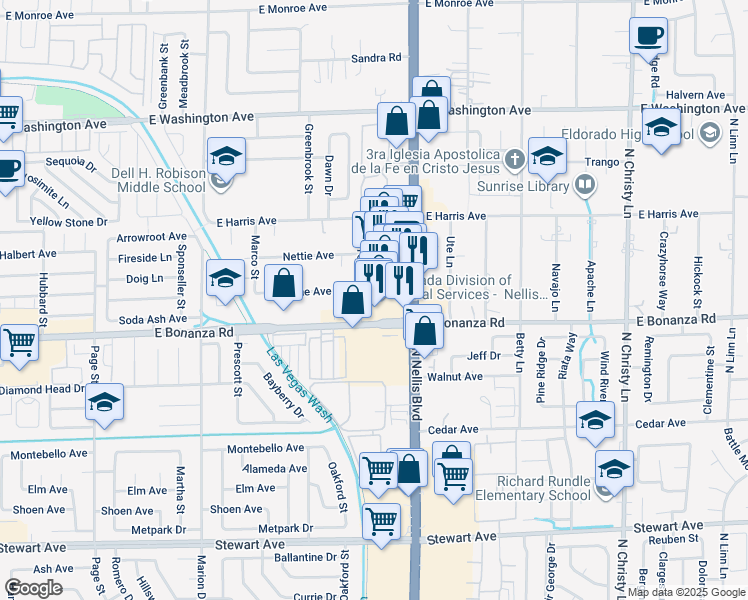 map of restaurants, bars, coffee shops, grocery stores, and more near 611 North Nellis Boulevard in Las Vegas