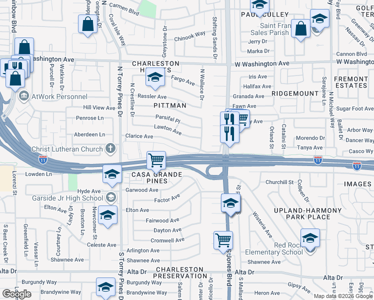 map of restaurants, bars, coffee shops, grocery stores, and more near 6213 Lawton Avenue in Las Vegas